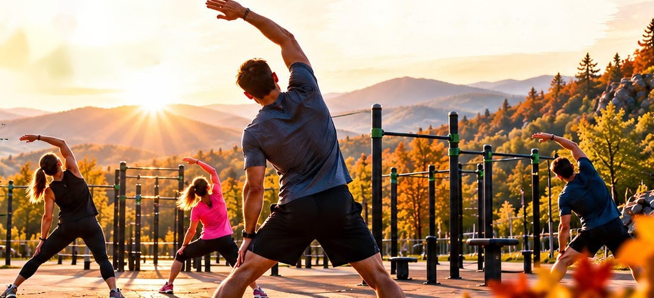 Négyen nyújtó gyakorlatot végeznek napfelkeltekor a mátrafüredi fitneszparkban, ősz színeiben
