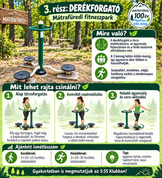 Bemutató kép a mátrafüredi fitneszpark 3. részéről: Derékforgató, használati módokkal és ajánlott ismétlésszámmal