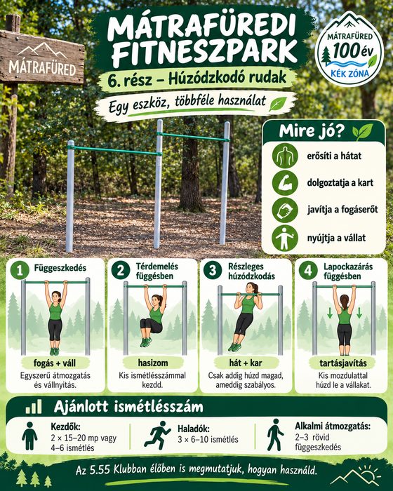 Bemutató kép a mátrafüredi fitneszpark 6. részéről: Húzódzkodó rudak, használati módokkal és ajánlott ismétlésszámmal