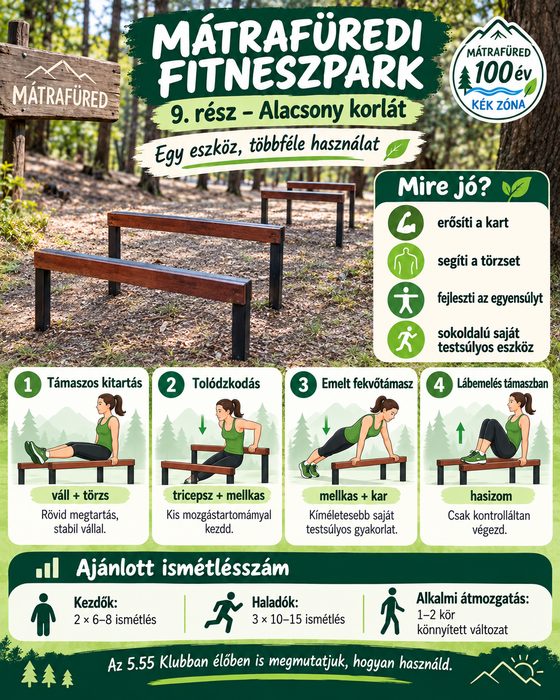Bemutató kép a mátrafüredi fitneszpark 9. részéről: Alacsony korlát, használati módokkal és ajánlott ismétlésszámmal