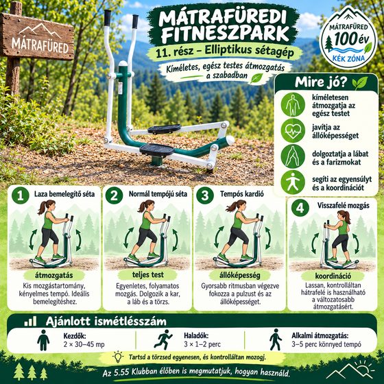 Bemutató kép a mátrafüredi fitneszpark 11. részéről: Elliptikus sétagép, használati módokkal és ajánlott ismétlésszámmal